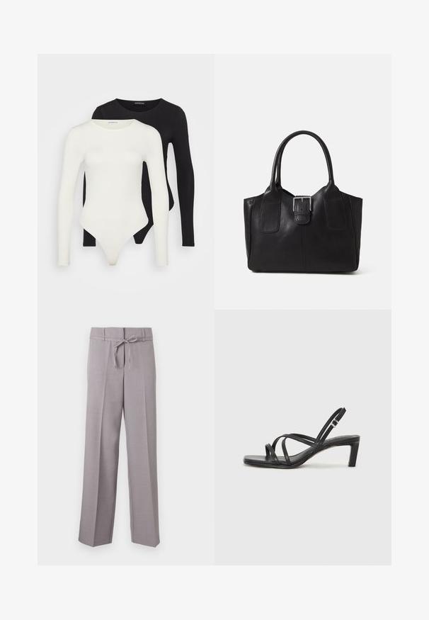 Dva bodija dugih rukava u bijeloj i crnoj boji. Napravljen od glatkog materijala, s okruglim dekolteom i gaćicama za izazovno nošenje.; Svijetlosivi, široki hlače s mekom teksturom, s pojasom na vezanje i peglanim nabranim detaljima za strukturirani izgled.; Crne sandale s trakama, kvadratnim prstom i niskom blok petom. Ima više tankih trakica i podesivu trakicu oko gležnja. Izrađene su od glatke kože.; Crna kožna torba za nošenje s glatkom teksturom, strukturiranim oblikom, dvije ručke i istaknutim srebrnim kopčanjem na prednjoj strani.