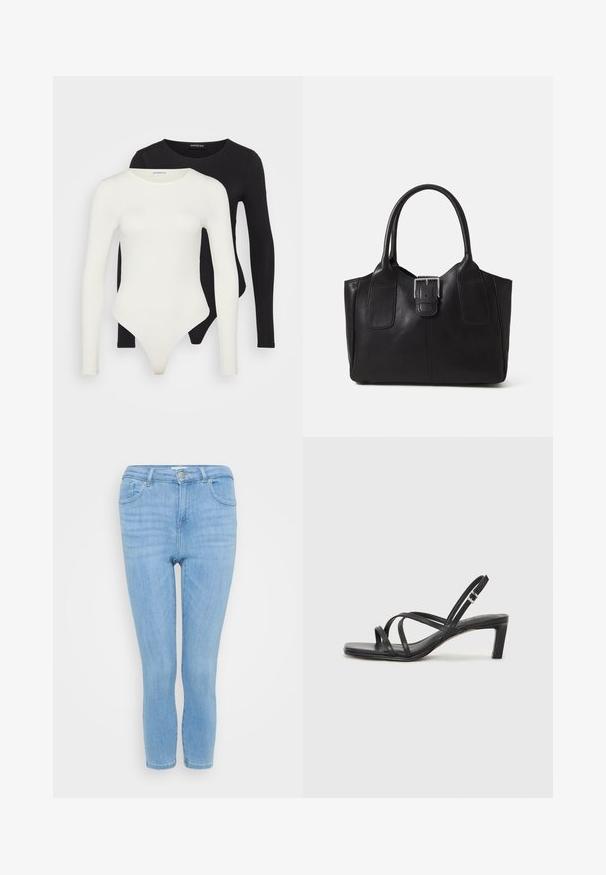 Dva bodysuita s dolgimi rokavi v beli in črni barvi. Narejena iz gladkega blaga, s krogi neckline in tangicami za gladko nošenje.; Svetlo modri jeans iz denima s ozkim krojem, zasnovo s petimi žepi, srednjim pasom in nekoliko skrajšano dolžino hlačnic.; Črne natikače s trakovi in kvadratnim prstom ter nizkim blokastim peto. Imajo več tankih trakov in nastavljiv trak okoli gležnja. Narejene so iz gladkega usnja.; Črna usnjena torba s gladko teksturo, strukturirano obliko, dvema ročkama in izrazitim srebrnim sponko na sprednji strani.