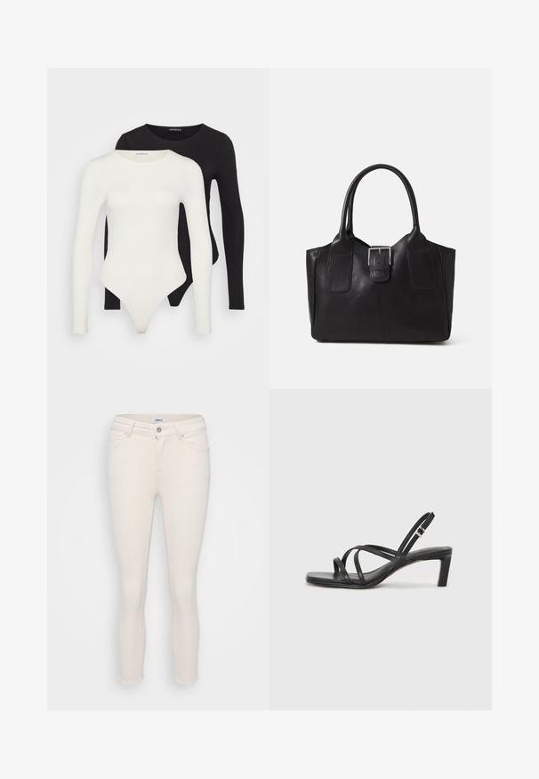 To langermagede bodysuit i hvit og svart. Laget av glatt stoff, med rund hals og en thong-bunn for en strømlinjeformet passform.; Kremfargede skinny jeans med frynset kant. Laget av denim med klassisk fem-lommers design og knappelukking foran.; Sorte sandaler med stropper, firkantet tå og lav blokk hæl. Har flere tynne stropper og en justerbar ankelstropp. Laget av glatt lær.; Svart skinn toteveske med jevn tekstur, strukturert form, to håndtak og en fremtredende sølvspenne foran.