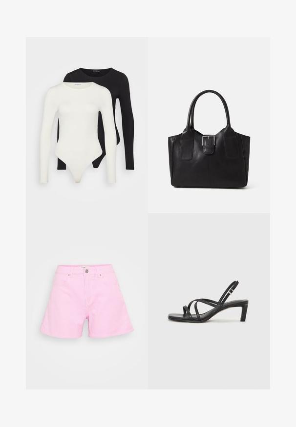 Deux bodys en manches longues, en blanc et en noir. Fabriqués en tissu lisse, avec des encolures rondes et un fond en tanga pour un port ajusté.; Shorts rayés roses en tissu léger, dotés d'une fermeture à bouton, de deux poches avant et d'une coupe décontractée pour le confort.; Sandale noire à lanières avec un bout carré et un petit talon bloc. Elle présente plusieurs fines lanières et une sangle de cheville ajustable. Fabriquée en cuir lisse.; Sac fourre-tout en cuir noir avec une texture lisse, une forme structurée, deux poignées et un détail en boucle argentée proéminent à l'avant.