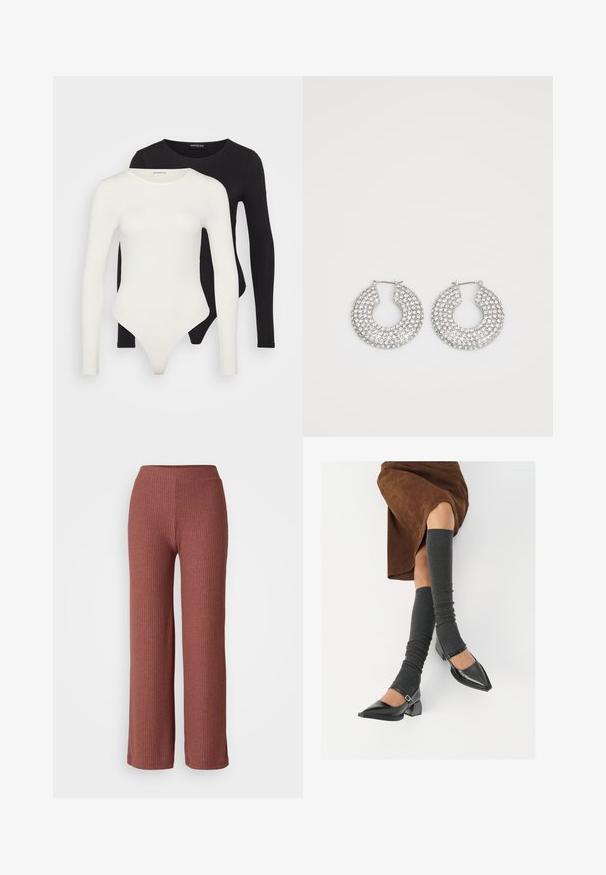 Dve body s dlhým rukávom v bielej a čiernej farbe. Vyrobené z hladkej tkaniny, s okrúhlym výstrihom a nohavičkovým dnom pre pohodlné nosenie.; Ribbed široké nohavice v prachovej ružovej farbe s elastickým pásom, s jemnou textúrou a rovnou siluetou.; Čierne lakované kožené topánky s špicatou špičkou, blokovým podpätkom a členkovým remienkom, ktoré sú kombinované so šedými rebrovanými legínami a hnedou zamšovou sukňou.; Strieborné kruhové náušnice zdobené viacerými čírymi kryštálmi, s textúrovaným povrchom a otvoreným kruhovým dizajnom.