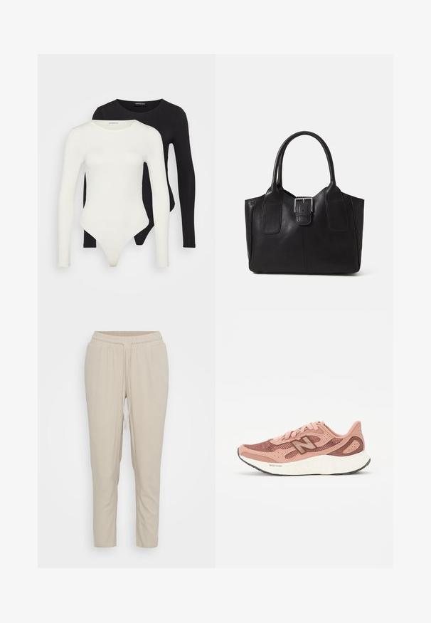 To langermagede bodysuit i hvit og svart. Laget av glatt stoff, med rund hals og en thong-bunn for en strømlinjeformet passform.; Vero Moda Petite VMJESMILO ANKLE PANTS - Bukse - silver lining; Rosa løpesko med overdel i mesh, med et teksturert design og brune detaljer. Lett såle med betydelig demping.; Svart skinn toteveske med jevn tekstur, strukturert form, to håndtak og en fremtredende sølvspenne foran.