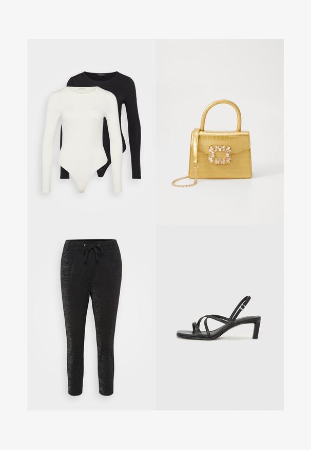 Două bodysuits cu mânecă lungă, unul alb și unul negru. Fabricate dintr-un material neted, cu decolteu rotund și fund tanga pentru o purtare confortabilă.; Pantaloni negri cu o textură lucioasă, având un talie cu șnur, două buzunare frontale și picioare tapered pentru un aspect ajustat.; Sandal cu barete negre, cu vârf pătrat și toc mic de bloc. Prezintă mai multe barete subțiri și o bareta ajustabilă la gleznă. Fabricat din piele netedă.; Geantă galbenă din faux-crocodil cu un design structurat, mână superioară, curea detașabilă cu lanț și embellisment decorativ cu cristale pe închidere.