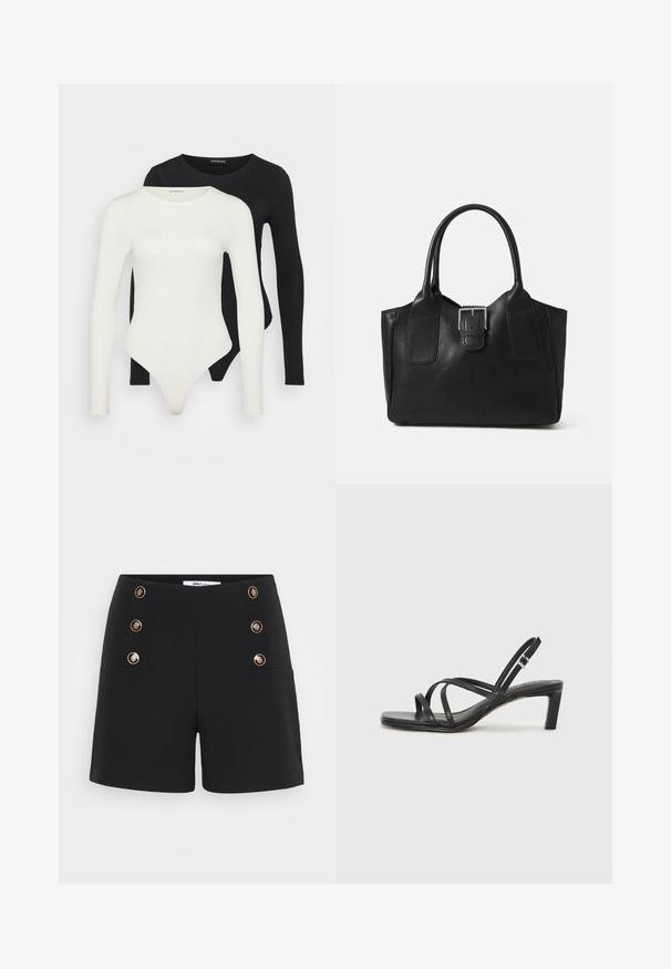 Dos bodysuits de manga larga en blanco y negro. Hechos de una tela suave, presentan cuellos redondos y un fondo tipo tanga para un ajuste estilizado.; Pantalones cortos negros de tejido texturizado, con una cintura alta, detalles de botones dorados y dos bolsillos frontales.; Sandalia negra de tiras con punta cuadrada y tacón bajo de bloque. Presenta múltiples tiras delgadas y una correa ajustable en el tobillo. Fabricada en cuero suave.; Bolso tote de cuero negro con textura suave, forma estructurada, dos asas y un prominente detalle de hebilla plateada en la parte frontal.