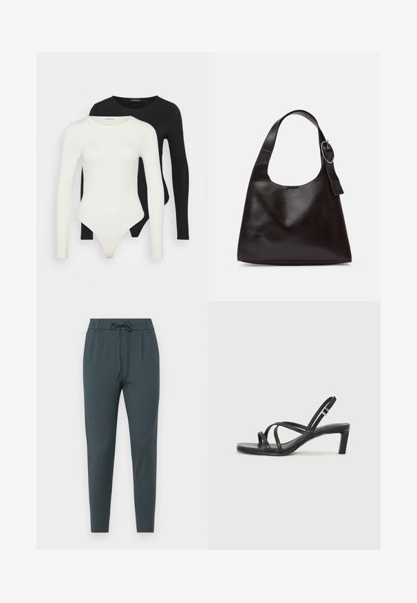 Zwei Langarmbodysuits in Weiß und Schwarz. Hergestellt aus glattem Stoff, mit runden Ausschnitten und einem String-Boden für eine schlanke Passform.; Dunkelgrüne, schmal zulaufende Hosen aus einem glatten Stoff, mit einem Kordelzugbund und zwei vorderen Falten für zusätzlichen Designdetails.; Schwarze Sandale mit Riemchen, quadratischer Zehenform und niedrigem Blockabsatz. Verfügt über mehrere dünne Riemen und einen verstellbaren Knöchelriemen. Hergestellt aus glattem Leder.; Braune Lederumhängetasche mit glatter Textur, runder Form, breitem Tragegurt und metallischem, kreisförmigem Akzent am Griff.