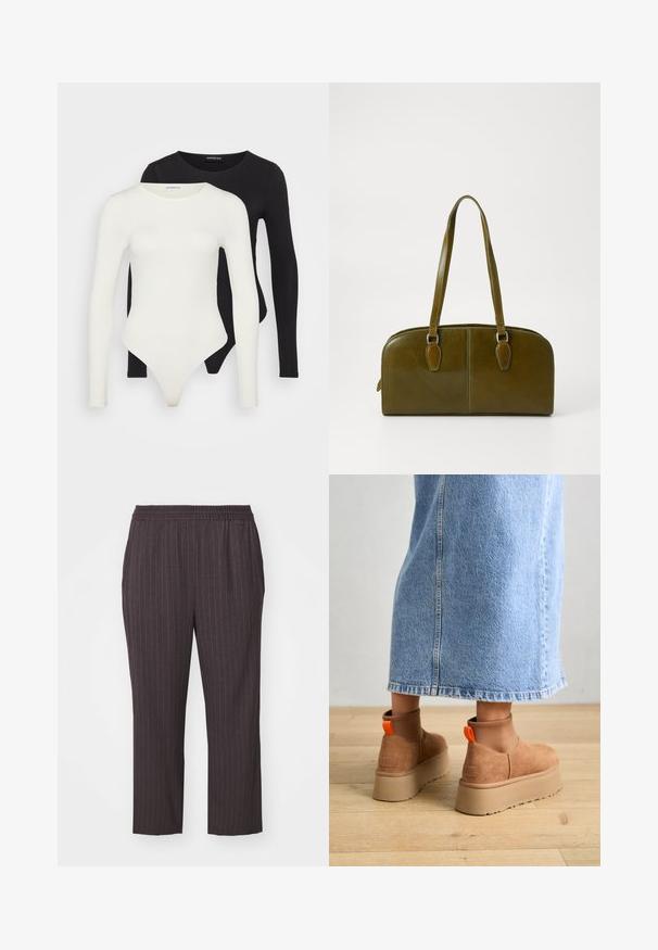 Dve body s dlhým rukávom v bielej a čiernej farbe. Vyrobené z hladkej tkaniny, s okrúhlym výstrihom a nohavičkovým dnom pre pohodlné nosenie.; Tmavo šedé elastické nohavice s vertikálnymi pruhmi, zúženým spodkom, hladkým materiálom a bočnými vreckami pre štýlový vzhľad.; Hnedé zamskové platformové čižmy s elastickými bočnými panelmi a oranžovými ťahákmi, v kombinácii s sukňou z ľahkého denimu po kolená, na drevenej podlahe.; Olive zelená kožená kabelka s okrúhlym tvarom, dvojitými uchami a bezšvovým predným panelom. Disponuje hladkou textúrou a jemnými detailmi šitia.