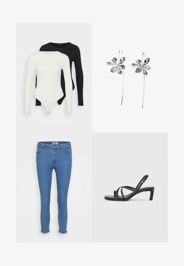 Duas bodies de mangas longas em branco e preto. Feitas de tecido liso, com decotes redondos e parte inferior tipo fio dental para um uso mais elegante.; Jeans de denim azul com um corte slim, apresentam uma barra desfiada, design padrão de cinco bolsos e um rótulo de marca na cintura.; Sandal de tiras pretas com biqueira quadrada e um pequeno salto bloco. Apresenta várias tiras finas e uma tira no tornozelo ajustável. Feito de couro liso.; Brincos em forma de flor prateados com um acabamento texturizado, apresentando ganchos longos e detalhes semelhantes a pétalas para um design intrincado.