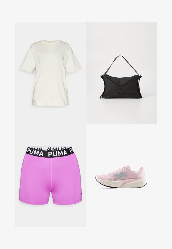 Lys beige bomull T-skjorte med kort erme, rund hals og med en liten hvit Puma-logo plassert midt på brystet. Myk, avslappet passform.; PUMA rosa treningsshorts med svart livrem som har logoen. Stoffet er glatt og stretchy, designet for komfort og bevegelighet.; Lys rosa joggesko med teksturert mesh-overdel, grå detaljer, tykk hvit såle og fleksibel svart yttersåle. Har polstret krage og tunge.; Svart håndveske med et mykt, teksturert materiale. Har et bølgete design, enkelt skulderrem og en subtil logo-detalj foran.