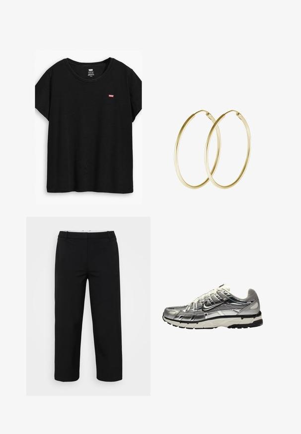 T-shirt nera a maniche corte realizzata in tessuto morbido, con scollatura rotonda e un piccolo logo rosso Levi's sul lato sinistro.; Pantaloni neri con taglio dritto, caratterizzati da una texture liscia, due tasche laterali e una cintura con passanti. Nessun sistema di chiusura visibile.; Scarpa atletica argento e nera con tomaia in mesh e sintetico, design voluminoso e finitura testurizzata. Presenta un colletto imbottito e suola in gomma.; Orecchini a cerchio in oro con un design liscio e arrotondato e una finitura lucida. Costruzione leggera con chiusura a scatto sicura.