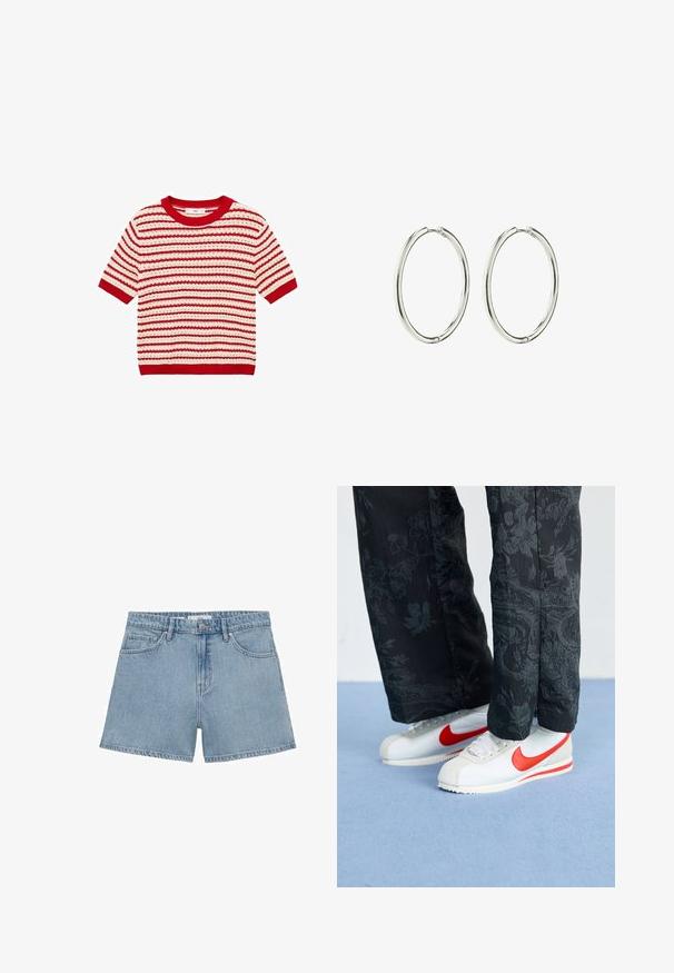 Mango MIMOI - Print T-shirt - red; Light blue denim shorts with a high waist, four pockets, and a button closure. Features a classic straight-leg cut and frayed hem.; White Nike sneakers with red accents, paired with black pants featuring a floral pattern. Texture is smooth with a flat braid sole.; Silver hoop earrings with a smooth, polished finish. Round shape, lightweight design, featuring a secure clasp mechanism.
