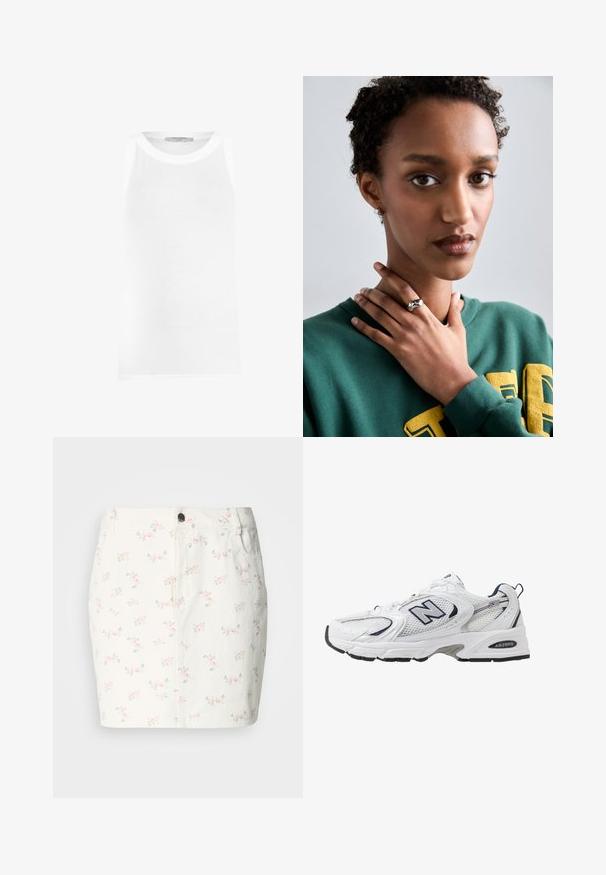 Biała, bezrękawnikowa bluzka z prążkowanej tkaniny, z okrągłym dekoltem i bezszwowymi krawędziami dla gładkiego dopasowania.; Biała spódnica dżinsowa z kwiatowym wzorem w odcieniach różu i zieleni, z przednim zapięciem na guziki i bocznymi kieszeniami. Krótki fason.; Białe sportowe buty z siateczkową cholewką, granatowymi akcentami i wyściełaną podeszwą. Posiadają logo "N", sznurówki oraz teksturowany detal po boku.; Srebrny pierścionek o gładkim, zaokrąglonym wzornictwie z akcentem w kształcie gwiazdy. Modelka ubrana w zieloną bluzę z żółtym napisem, trzymająca ręce blisko szyi.