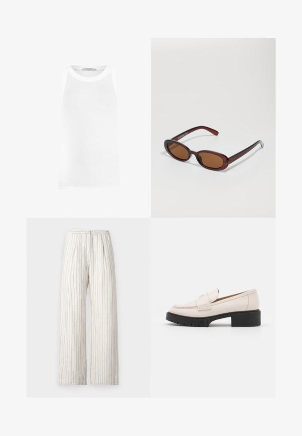 Valge ilma varrukateta top, mis on valmistatud ribakudumist, ringikujulise kaelusega ja sujuvate servadega mugava istuvuse jaoks.; Samsøe Samsøe SATOVE TROUSERS - Püksid - egret; Heled paar heleda beezžilederist valmistatud mokassiinide, millel on õmmeldud esiosa ja tekstureeritud must platvormkonts. Omab kaardus disaini ja kerget tõstet.; Ümar, pruunikased päikeseprillid läikiva burgundia raami ja peente kaubamärgi detailidega. Peened sangad ja lame läätsedesain.