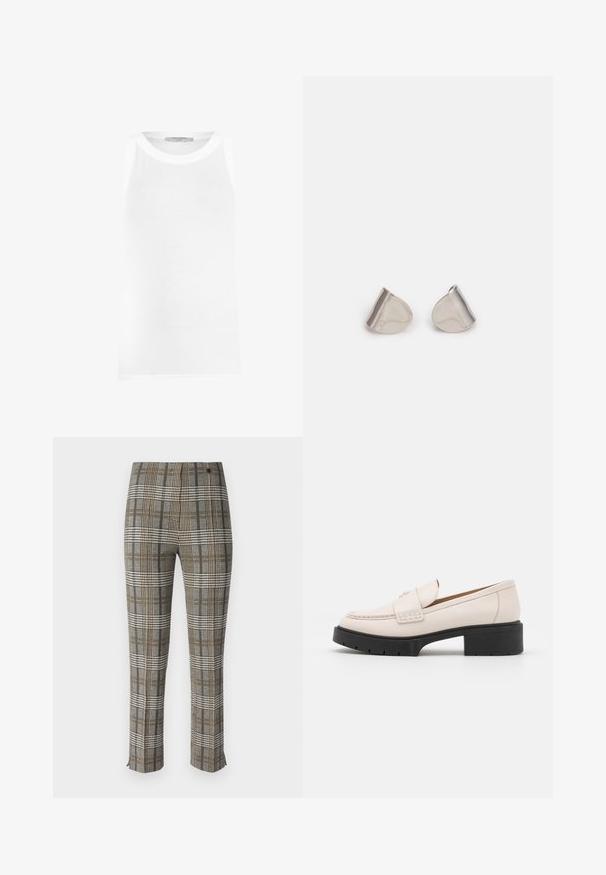 Balta be rankovių liemenė, pagaminta iš raštuoto audinio, su apvaliu iškirpimu ir be siūlių kraštais, kad būtų užtikrintas sklandus prigludimas.; Juostuoti kelnės su pilkų, juodų ir geltonų atspaudų raštu, pritaikytas kirpimas, priekine užtrauktuko uždarymo sistema ir subtiliais įpjovimais ties apatine dalimi.; Šviesiai smėliniai odiniai laivai su siuvinėta priekiu ir tekstūriniu juodu platformos kulnu. Pasižymi kreiviu dizainu ir nedideliu pakilimu.; Sidabriniai metaliniai auskarai su lygiu, ašaros formos dizainu ir blizgiu paviršiumi. Subtilūs raižiniai prideda detalumo. Minimalistinis dizainas.