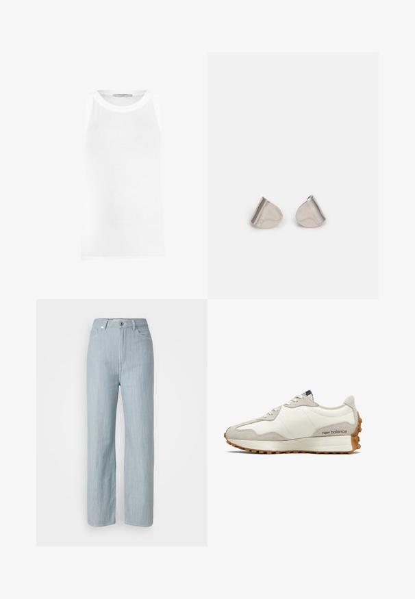 Balta be rankovių liemenė, pagaminta iš raštuoto audinio, su apvaliu iškirpimu ir be siūlių kraštais, kad būtų užtikrintas sklandus prigludimas.; Šviesiai mėlyni tiesūs džinsai, pagaminti iš džinsinio audinio. Turi penkias kišenes, metalinį mygtuko užsegimą ir subtilų dėmėtumą, suteikiantį tekstūrą.; Baltos ir smėlio spalvos sportbačiai su lygaus odos viršumi, zomšos akcentais, apvaliu nosimi ir tekstūruotu guminio pado dugnu. Prekės ženklas spausdintas šone.; Sidabriniai metaliniai auskarai su lygiu, ašaros formos dizainu ir blizgiu paviršiumi. Subtilūs raižiniai prideda detalumo. Minimalistinis dizainas.