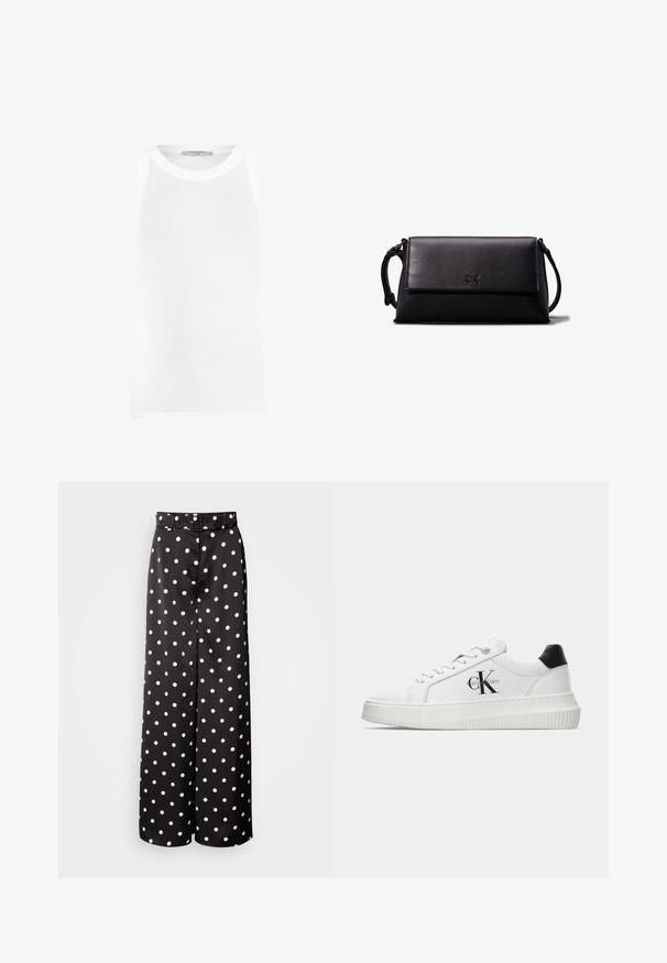 Valkoinenolkaimeton t-paita, joka on valmistettu ribbikudoksesta. Siinä on pyöreä kaula-aukko ja saumattomat reunat, jotka takaavat sujuvan istuvuuden.; Mustat leveät housut, joissa on vyö, valmistettu sileästä kankaasta, jossa on valkoisia pilkkuja koko pinnalla.; Valkoiset matalat tennarit, joissa on musta kantapää, alustasolki, nauhat ja Calvin Kleinin "CK" logo sivuilla.; Musta nahkainen clutch-laukku, jossa on suorakulmainen muoto, sileä pinta, litteä läpän sulkumekanismi ja pieni kahva sivussa. Mukana hienovarainen logo.; Calvin Klein STATEMENT LINKS - Korvakorut - silver-coloured