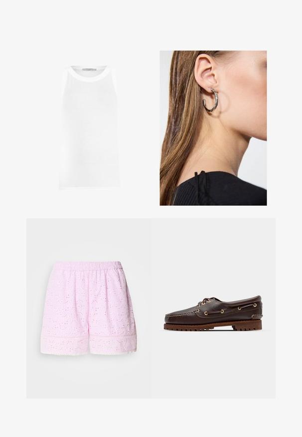 Top sin mangas blanco hecho de tejido acanalado, con un escote redondeado y bordes sin costuras para un ajuste suave.; Pantalones cortos de algodón rosa con diseño floral bordado, cintura elástica y trim de encaje en el dobladillo. Tela ligera y transpirable.; Zapato náutico de cuero marrón con ojales dorados, cordones redondos y suela de goma marrón texturizada. Presenta detalles de costura y un logotipo elevado.; Pendiente de aro de plata con un acabado pulido, que presenta pequeños detalles en dorado y una forma redonda, llevado en el lóbulo.