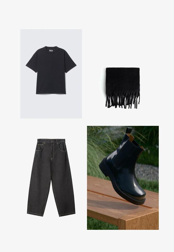Schwarzes Baumwoll-T-Shirt mit klassischem Rundhalsausschnitt, kurzen Ärmeln und lockerer Passform. Glatte Textur mit minimalen Nähten.; Schwarze Denim-Hosen im Weitbein-Design mit gelben Nähten, fünf Taschen und einem mittelhohen Bund. Texturiertes Material mit glatter Oberfläche.; Schwarze Leder-Chelsea-Stiefel mit glatter Oberfläche, elastischen Seitenpaneelen, abgerundeter Zehenform und dicke Gummisohle, die über einer Holzoberfläche platziert sind.; Schal mit schwarzen Fransen aus weichem, wollartigem Material. Verfügt über lange, unregelmäßige Fransen entlang der unteren Kante. Rechteckige Form.