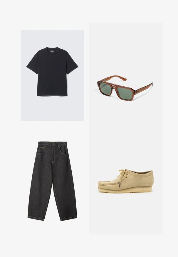 T-shirt in cotone nero con un classico collo a giro, maniche corte e vestibilità rilassata. Texture liscia con dettagli di cucitura minimi.; Pantaloni ampi in denim nero con cuciture gialle, design a cinque tasche e vita a metà altezza. Tessuto testurizzato con finitura liscia.; Scarpa in suede beige con design a lacci, dettagli cuciti e suola in gomma. La forma è casual con un leggero tacco a cuneo.; Occhiali da sole rettangolari trasparenti marroni con lenti verdi. Caratteristiche includono una robusta montatura in plastica e accenti metallici sulle astine.
