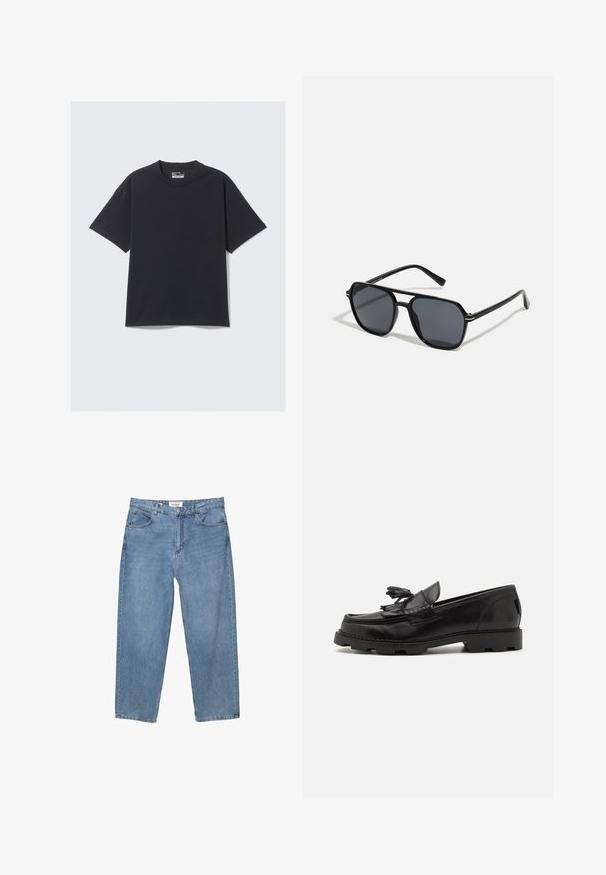 Musta puuvillapaita, jossa on klassinen pyöreä pääntie, lyhyet hihat ja rento istuvuus. Sileä pinta, jossa on minimaalinen ommeltyö.; Vaaleansiniset farkut suoranlahkeisella leikkauksella, viiden taskun suunnittelulla ja näkyvällä merkkilapulla vyötäröllä.; Musta nahkaloaferi, jossa on mokkasiinimuotoilu, koristeellinen fringepitsi ja tupsu, teksturoitu pinta ja paksu kumipohja.; Musta aurinkolasit, joissa on oktaalinen kehys, tummat linssit, kiiltävä pinta, ohuet templesit ja kultaiset yksityiskohdat etupuolella.