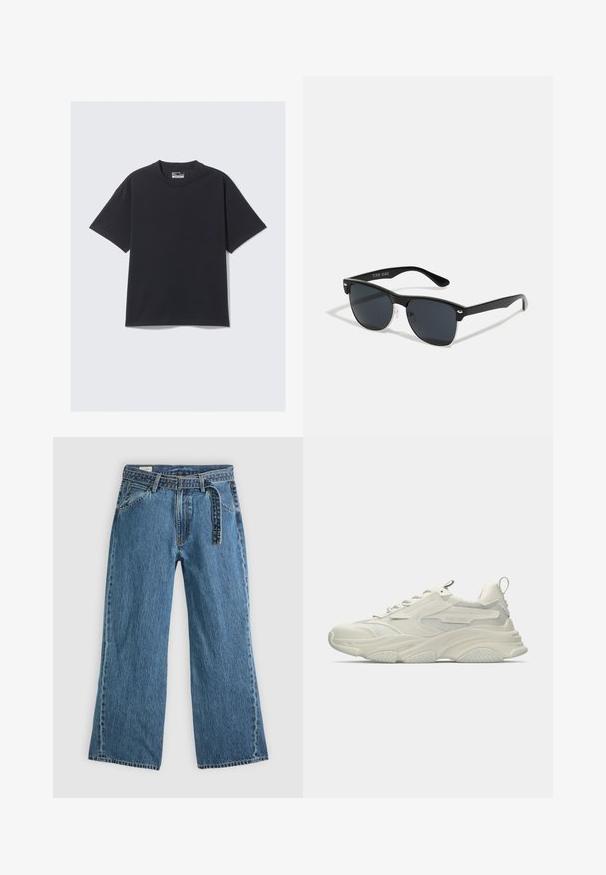 Schwarzes Baumwoll-T-Shirt mit klassischem Rundhalsausschnitt, kurzen Ärmeln und lockerer Passform. Glatte Textur mit minimalen Nähten.; Blaue Denim-Jeans mit weitem Bein, angebautem Gürtel, vorderen Taschen und sichtbaren Nähten auf einem schlichten hellen Hintergrund.; Weiße klobige Sneaker mit dicker Sohle, Netzpaneelen, Schnürdesign und Schlaufe an der Ferse, von der Außenseite betrachtet.; Schwarze Sonnenbrille mit rechteckiger Form, dunklen Gläsern, silbernen Akzenten an den Bügeln und mattierter Oberfläche des Rahmens.