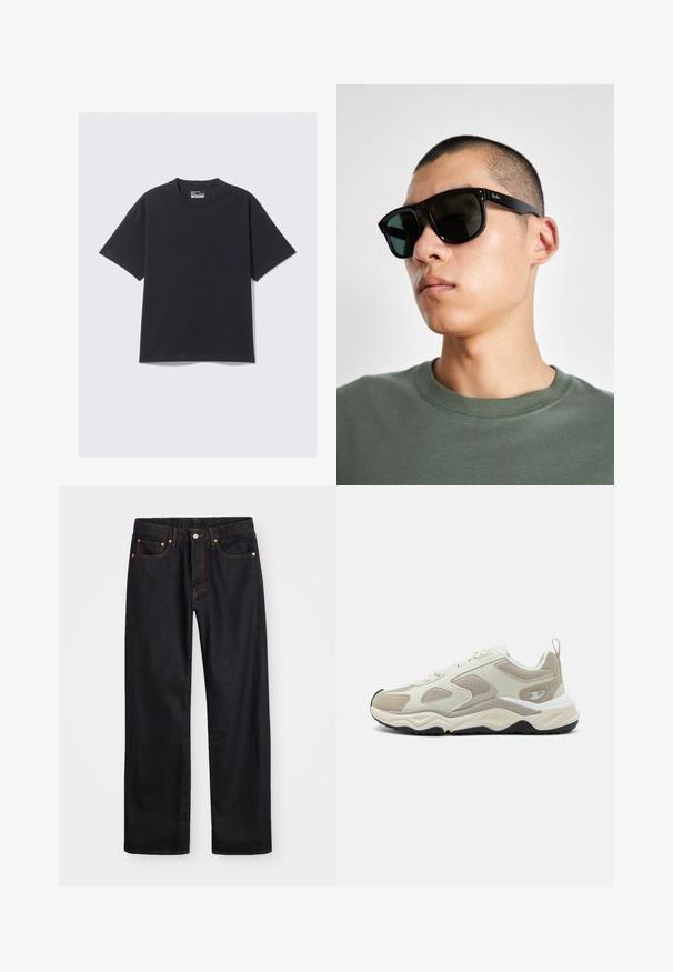 Black cotton T-shirt featuring a classic crew neck, short sleeves, and a relaxed fit. Smooth texture with minimal stitching detail.; Men’s straight-leg black denim jeans with five pockets and orange stitching, button and zip closure on front waistband.; Beige athletic shoe with a mix of smooth synthetic and mesh materials, textured accents, and a thick white and black sole.; Black rectangular sunglasses with dark lenses, featuring a distinctive shape and branding on the temple. Worn by a person in a green shirt.