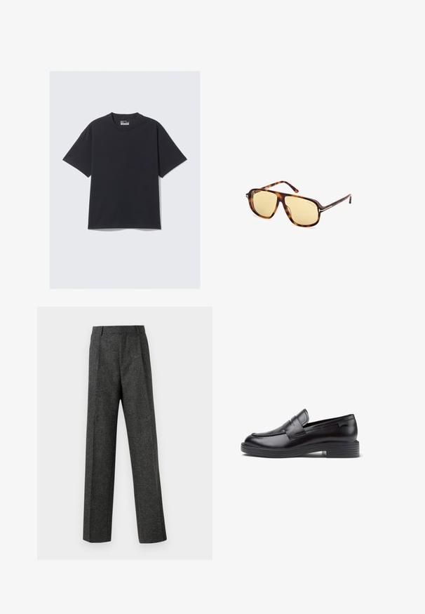 Crna pamučna majica s klasičnim okruglim izrezom, kratkim rukavima i opuštenim krojem. Glatka tekstura s minimalnim šavovima.; Sive prilagođene hlače od teksturiranog materijala, s dva prednja nabora i ravnim krojem. Nema vidljivih džepova ili ukrasa.; Crni kožni mokasini s niskim rebrastim potpeticom, zaobljenim vrhom, dekorativnim šavnim detaljima i prednjim remenom. Glatka tekstura.; Naocale za sunce s okvirom od kornjačevine, žutim staklima, četvrtastog oblika i metalnim akcentima na sljepoočnicama.