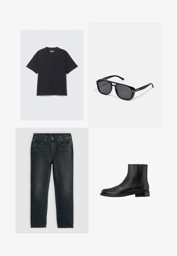 Camiseta de algodón negra con cuello redondo clásico, mangas cortas y un ajuste relajado. Textura suave con detalles de costura mínimos.; Vaqueros de mezclilla azul oscuro con un corte recto, que cuentan con cinco bolsillos, una cremallera en la bragueta y costuras en contraste. Ligera decoloración en la tela.; Botín de cuero negro hasta el tobillo con un acabado suave, punta redondeada, tacón bajo, inserciones laterales elásticas y logotipo en relieve en la parte posterior.; Gafas de sol cuadradas negras con lentes grises, que presentan elegantes detalles dorados en las patillas y un marco de acabado mate para un aspecto contemporáneo.