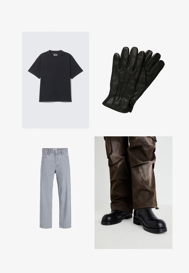 Camiseta preta de algodão com um corte clássico de gola redonda, mangas curtas e um ajuste descontraído. Textura suave com detalhes de costura mínimos.; Jeans de denim azul claro com um corte relaxado, design de perna reta, costura visível, dois bolsos frontais e fecho de botão.; Koi Footwear THE LAST COURTSHIP MENS ORNATE STACKED - Botas de cowboy/motociclista - black lizard; Luvas de couro preto com uma textura lisa, cinco dedos e detalhes de costura subtis. Design clássico, adequado para uso em clima frio.