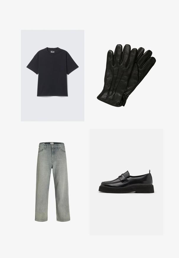 Fekete pamut T-Shirt klasszikus kerek nyakkivágással, rövidujjakkal és laza szabással. Sima textúra minimális varrási részletekkel.; Világosszürke, laza szabású farmernadrág. Klasszikus öt zsebes dizájn, övhurkok és egyenes szárú fazon jellemzi.; Fekete bőr mokaszin stílusú cipő, lapos, texturált talppal, varrott orral és egy pánttal a lábfej közepén.; Fekete bőr kesztyűk sima textúrával, öt ujjal és diszkrét varrási részletekkel. Klasszikus dizájn, hideg időjárásra alkalmas.