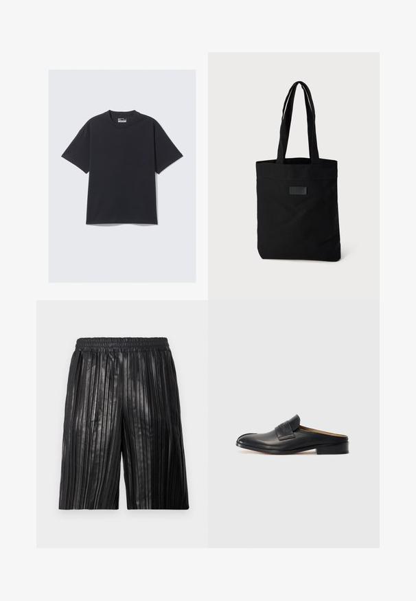 T-shirt en coton noir avec un col rond classique, des manches courtes et une coupe décontractée. Texture lisse avec un minimum de détails de couture.; Shorts plissés noirs avec une ceinture élastique, fabriqués dans un matériau brillant, présentant des rainures verticales pour une texture et un style.; Chaussure noire en cuir à enfiler, avec un bout rond, un petit talon carré et une sangle à l'avant. Texture lisse avec un subtil logo sur la sangle.; Sac fourre-tout noir en toile avec deux poignées, doté d'un dessus plat, d'une surface texturée et d'un petit logo en relief à l'avant.