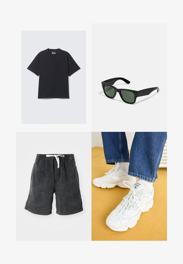 Schwarzes Baumwoll-T-Shirt mit klassischem Rundhalsausschnitt, kurzen Ärmeln und lockerer Passform. Glatte Textur mit minimalen Nähten.; Dunkelgraue Cordshorts mit vertikalen Streifen. Verfügt über einen elastischen Bund mit einem weißen Kordelzug. Lässiges Design, geeignet für warmes Wetter.; Weiße New Balance 1000 Sneaker aus Mesh und Leder, runder Zehenbereich, strukturierte Gestaltung und Schnürsenkel. Kombiniert mit blauen Jeans.; Schwarze rechteckige Sonnenbrille mit grünen Gläsern, matte Oberfläche, dezente Hardware-Akzente und eingeprägtes Logo am Schläfenbereich.