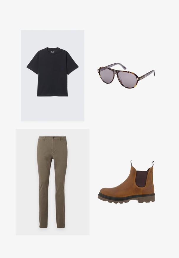 T-shirt in cotone nero con un classico collo a giro, maniche corte e vestibilità rilassata. Texture liscia con dettagli di cucitura minimi.; Pantaloni khaki slim-fit con passanti per cintura, bottone frontale, chiusura con cerniera e tasche laterali, esposti su uno sfondo bianco.; Stivale Chelsea in pelle marrone con pannelli laterali elasticizzati, suola in gomma, linguetta e battistrada robusto per una migliore aderenza. Finitura liscia e design resistente.; Occhiali da sole tartarugati con lenti grigie, caratterizzati da una forma rotonda, aste sottili e dettagli metallici vicino alle cerniere.