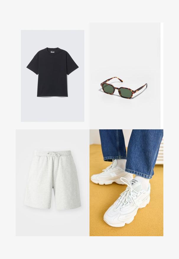 Fekete pamut T-Shirt klasszikus kerek nyakkivágással, rövidujjakkal és laza szabással. Sima textúra minimális varrási részletekkel.; Világosszürke pamut rövidnadrág, rugalmas derékkal, zsinórdíszítéssel és oldalsó zsebekkel. Puha tapintású, térdhez érő fazon.; Fehér New Balance 1000 sportcipők, hálós és bőr anyagokból, kerek orral, textúrázott dizájnnal és fűzőkkel. Kék farmernadrággal párosítva.; Tortoise mintás napszemüveg zöld lencsékkel, nyolcszögletű kialakítással és vékony, ívelt karokkal. Az anyag fényes felületű.