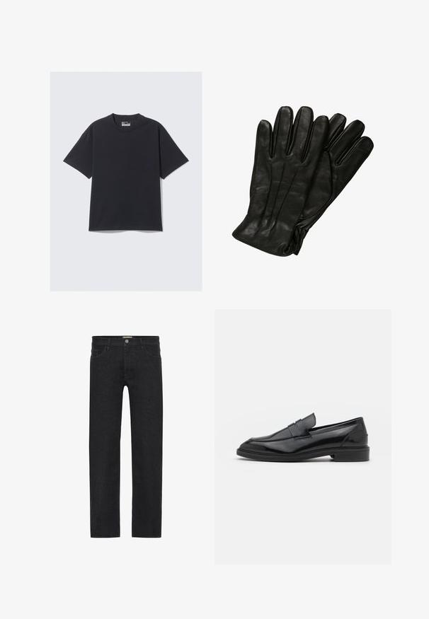 Juodas medvilnės marškinėliai su klasikinėmis apvalios formos iškirpėmis, trumpomis rankovėmis ir laisvu siluetu. Lygi tekstūra su minimaliais siuvimo detalėmis.; Juodos tiesios kojelės džinsai, pagaminti iš džinsinio audinio, su mygtukiniu juosmeniu, penkiomis kišenėmis ir minimalistišku dizainu be matomų raštų.; Juodos odinės loafers batai su lygiu paviršiumi, turintys apvalią noselę ir siaurą juostelę per viršų. Žemas sluoksnis kulnas.; Juodos odinės pirštinės su lygiu paviršiumi, penkiomis pirštų dalimis ir subtiliais siuvinėjimo akcentais. Klasikinis dizainas, tinkantis šaltu oru.
