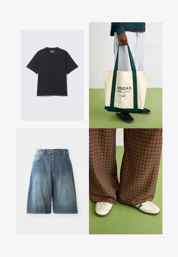 Musta puuvillapaita, jossa on klassinen pyöreä pääntie, lyhyet hihat ja rento istuvuus. Sileä pinta, jossa on minimaalinen ommeltyö.; Denimhousut keskipitkässä sinisessä pesussa, jossa on korkea vyötärö, viisi taskua ja suora mitoitus. Erottuva hankaustekniikka edessä.; Ruskonsin ja sininen ruutukuvioinen leveälahkeinen housut yhdistettynä valkoisiin kenkiin, joissa on mustia yksityiskohtia ja tekstuuripohjat, vihreää taustaa vasten.; Henkilö, joka pitää vaalean beigeä Adidas-kassi tummanvihreillä kahvoilla, päällä vaaleanharmaat housut ja mustat lenkkarit vihreällä lattialla.