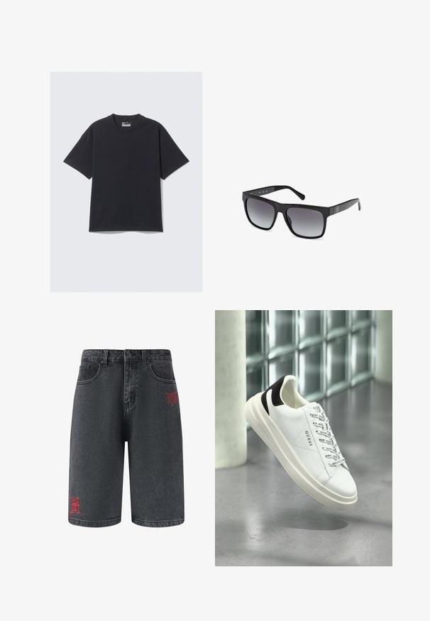T-shirt in cotone nero con un classico collo a giro, maniche corte e vestibilità rilassata. Texture liscia con dettagli di cucitura minimi.; Shorts in denim nero con tasche anteriori e ricamo decorativo rosso sulla gamba sinistra, con logo del marchio e testo del design.; Sneaker bianco e nero GUESS con lacci brandizzati, sospesa sopra un pavimento grigio vicino a una parete di blocchi di vetro e a un colonna cilindrica.; Guess Occhiali da sole - glossy black smoke gray