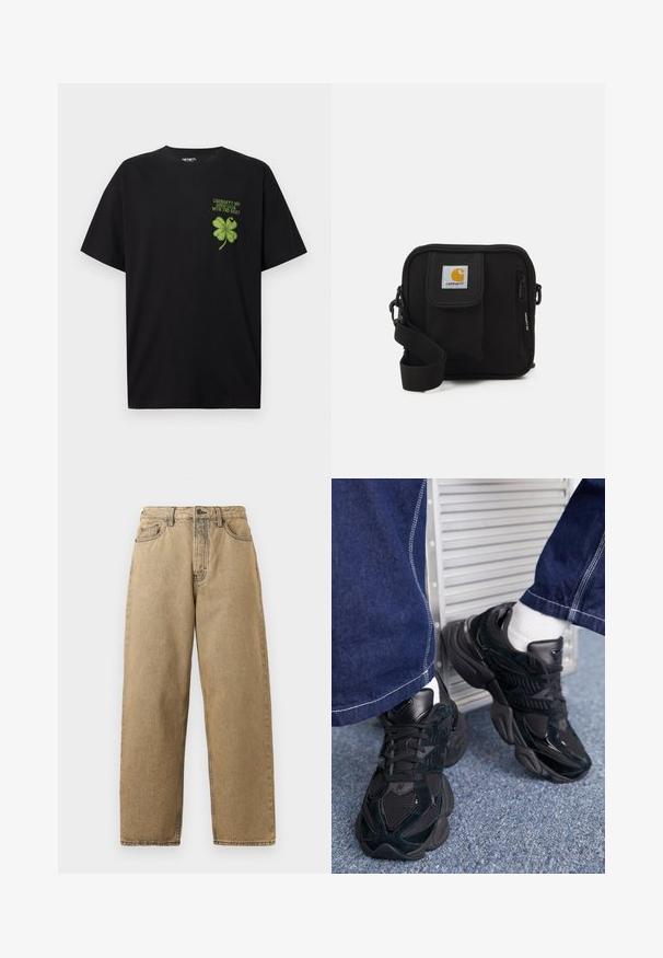 T-shirt di cotone nero con grafica di un quadrifoglio verde e la scritta "BUONA FORTUNA CON IL RESTO" sulla parte sinistra del petto.; Jeans in denim beige con design a gamba dritta, dotati di zip, passanti per la cintura e cuciture a contrasto. Nessun motivo o dettaglio hardware degno di nota.; Sneakers neri caratterizzati da una combinazione di materiali texture e lisci, con lacci prominenti e una suola chunky, abbinati a pantaloni di jeans scuri.; Borsa a tracolla nera con un compartimento principale con zip, tasca frontale, tracolla regolabile e una patch del logo visibile sul risvolto.