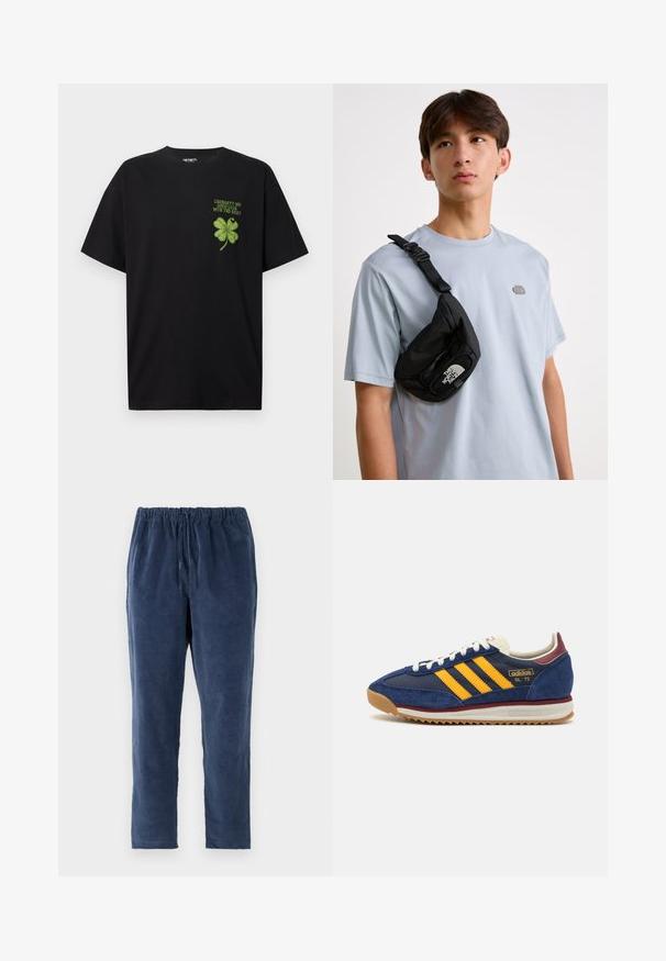 Juodas medvilninis marškinėlis su žaliu keturlapiu dobilu ir tekstu "SĖKMĖS SU LIKUSIUS" kairėje krūtų dalyje.; Tamsiai mėlynos kelnės su minkštumu, elastinga juosta ir tiesiomis kojoms. Be kišenių. Audinys atrodo šiek tiek nušveistas.; Jūrinis nubuko sportbačių modelis su geltonomis juostelėmis, baltais raišteliais ir bordo akcentais. Su tekstūruota padanga su grioveliais, užtikrinančiais sukibimą. Prekės ženklas ant šono.; Juodas nailoninis per petį dėklas su reguliuojamu dirželiu, išryškintu baltu logotipu. Nešiojamas ant šviesiai mėlynos marškinėlių. Paprastas, funkcionalus dizainas.