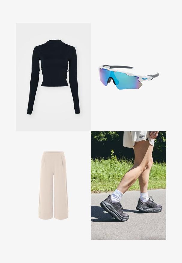 Črn, dolgi rokavi skrajšan zgornji del s visokim ovratnikom. Narejen iz gladkega, prilegajočega materiala brez vidnih vzorcev ali dodatkov.; Bež široke hlače s gladkim tekstilom, elastičnim pasom in dvema stranskima žepoma. Manšete so zvijene za dodatno detajl.; Črne športne čevlje z teksturirano tkanino, debelimi oblazinjenimi podplati in vezalkami, v kombinaciji z belimi nogavicami in svetlo bež oblačilom.; Sončne očala z belim okvirjem, sivi detajli in modrimi zrcalnimi lečami. Športna zasnova, ovitek oblike in nastavljivi nosni blazinici.