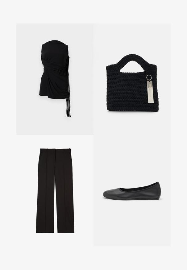 Black sleeveless top with draped fabric, side gathering, and elongated fringe detail, featuring a smooth texture and a fitted silhouette.; Black tailored trousers made of a smooth fabric, featuring a straight-leg design, and two side pockets. Elegant and minimalistic construction.; Black leather ballet flat with a rounded toe, smooth texture, minimal stitching detail, and a flexible sole design.; Won Hundred MARSIELLE COMPUTER BAG UNISEX - Laptop bag - black