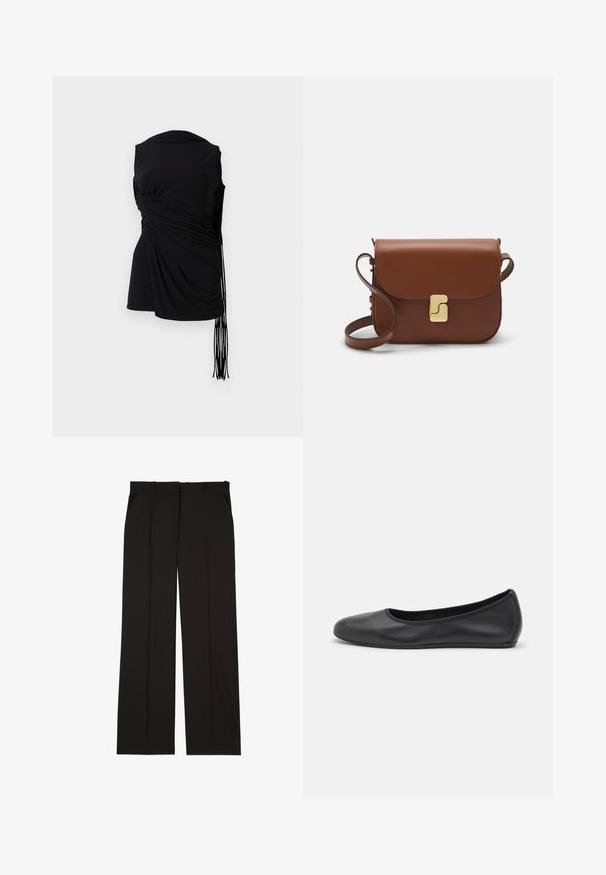 Zwarte mouwloze top met gedrapeerde stof, zijwaartse rimpeling en verlengde franjes, met een gladde textuur en een aangesloten silhouet.; Zwarte op maat gemaakte broek van een gladde stof, met een rechte pijp en twee zijzakken. Elegante en minimalistische constructie.; Zwarte leren ballerina met een ronde neus, gladde textuur, minimale stikdetails en een flexibele zoolontwerp.; Bruine leren handtas met een klep sluiting, gouden hardware, een schouderband en een gladde textuur. Compact rechthoekige vorm.
