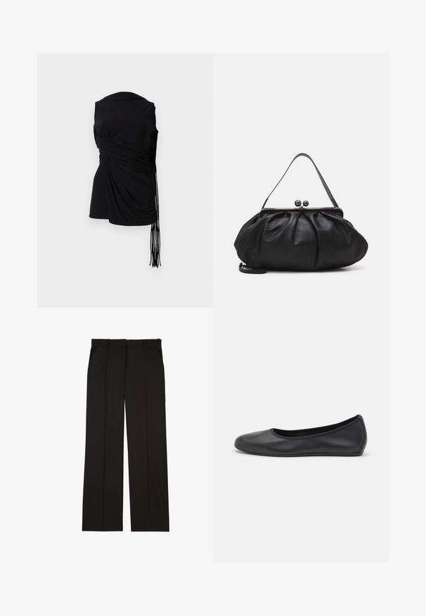 Black sleeveless top with draped fabric, side gathering, and elongated fringe detail, featuring a smooth texture and a fitted silhouette.; Black tailored trousers made of a smooth fabric, featuring a straight-leg design, and two side pockets. Elegant and minimalistic construction.; Black leather ballet flat with a rounded toe, smooth texture, minimal stitching detail, and a flexible sole design.; Black leather handbag with a rounded, pleated design. Features a metallic clasp with two decorative balls and a slim, detachable strap.