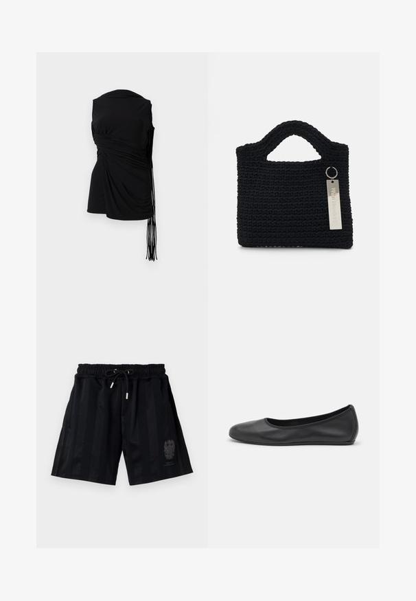 Černý beznáramenkový top s drapérií, bočními nařasením a prodlouženými třásněmi, s hladkou texturou a přiléhavým střihem.; Černé sportovní šortky s elastickým pasem a stahovací šňůrkou, s vodorovnými pruhy a nenápadným emblémem na levé noze.; Černé kožené baletní byty s kulatou špičkou, hladkou texturou, minimálními švy a flexibilním designem podrážky.; Won Hundred MARSIELLE COMPUTER BAG UNISEX - Taška na laptop - black