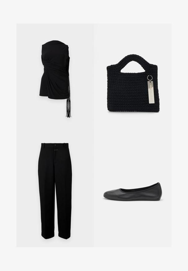 Čierny bezrukávový top s drapovanou látkou, bočným zbieraním a predĺženým strapcom, s jemnou textúrou a priliehavým strihom.; Čierne nohavice vyrobené z hladkej tkaniny, s uzáverom na gombík, pútkami na opasok a striedmym strihom nohavíc.; Čierne kožené baleríny s okrúhlou špičkou, hladkým povrchom, minimálnym prešívaním a flexibilným dizajnom podrážky.; Won Hundred MARSIELLE COMPUTER BAG UNISEX - Taška na notebook - black