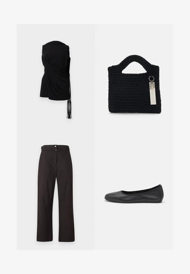 Juodas be rankovių viršus su drapiruota medžiaga, šoniniu rinkimu ir pailgu frango detaliu, pasižymintis lygia tekstūra ir prigludusia siluetu.; Juodos plačios kojų kelnės su lygiu paviršiumi, turinčios mygtuko užsegimą ir diržo kilpą liemenyje. Su subtiliu siūlių akcentu.; Juodai odiniai baletai su apvaliu pirštu, lygi texture, minimalus siuvimo detales ir lanksčiu padų dizainu.; Won Hundred MARSIELLE COMPUTER BAG UNISEX - Nešiojamojo kompiuterio krepšys - black