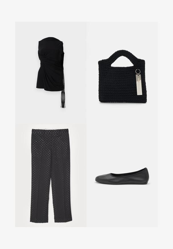 Sort ærmeløs top med draperet stof, sidelilægning og forlænget frynsedetail, der har en glat tekstur og en tætsiddende silhuet.; Sorte bukser med et subtilt halvmåne-mønster, lige pasform, glat stoftekstur og standard talje-design.; Sort læderballetsko med rund tå, glat tekstur, minimal syning og et fleksibelt såldesign.; Won Hundred MARSIELLE COMPUTER BAG UNISEX - Computertasker - black