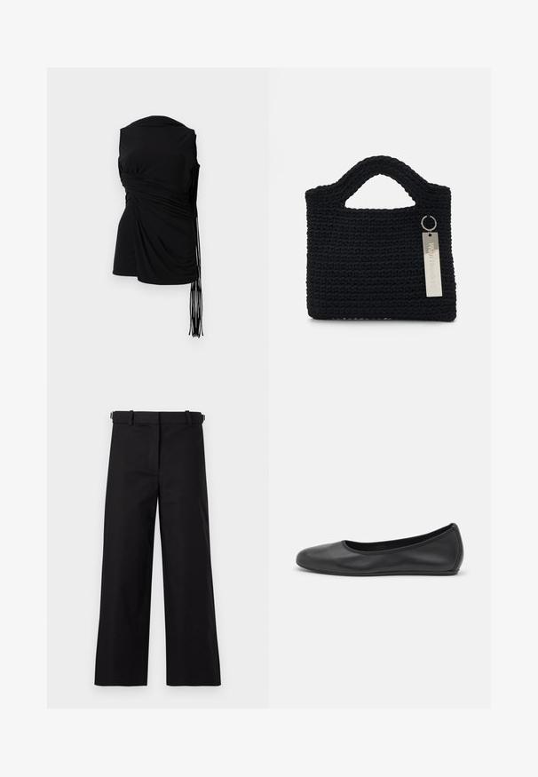 Schwarzes ärmelloses Oberteil mit drapierter Stoff, seitlicher Raffung und verlängerter Fransen-Detail, das eine glatte Textur und eine figurbetonte Silhouette hat.; Schwarze weit geschnittene Hosen aus Baumwollstoff, ausgestattet mit einem Gürtel und einer glatten Textur, mit einem schlichten Frontdesign und ohne sichtbare Muster.; Schwarze Leder-Ballettschuhe mit abgerundeter Spitze, glatter Textur, minimalen Nähdetails und einem flexiblen Sohlen-Design.; Won Hundred MARSIELLE COMPUTER BAG UNISEX - Notebooktasche - black