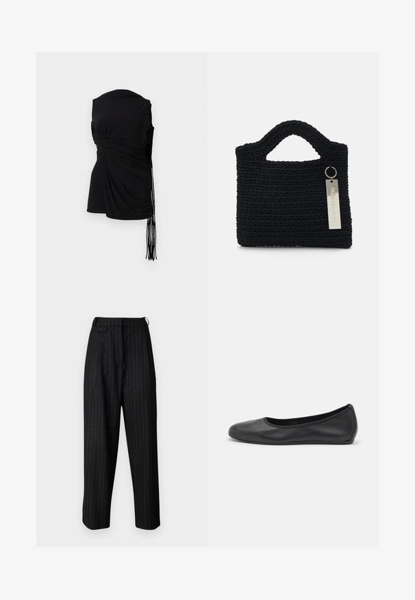 Musta hihaton paita, jossa on roikkuvaa kangasta, sivusaumojen kerääntyminen ja pitkät fringed yksityiskohdat. Paita on sileä ja istuu tiukasti.; Mustat, korkeavyötäröiset housut valkoisilla raidoilla, joissa on laskoksia, nappikiinnitys ja rento mitoitus. Valmistettu sileästä materiaalista.; Musta nahkainen ballerina, jossa on pyöristetty kärki, sileä pinta, minimaalinen ommelkoristelu ja joustava pohjamuotoilu.; Won Hundred MARSIELLE COMPUTER BAG UNISEX - Tietokonelaukku - black
