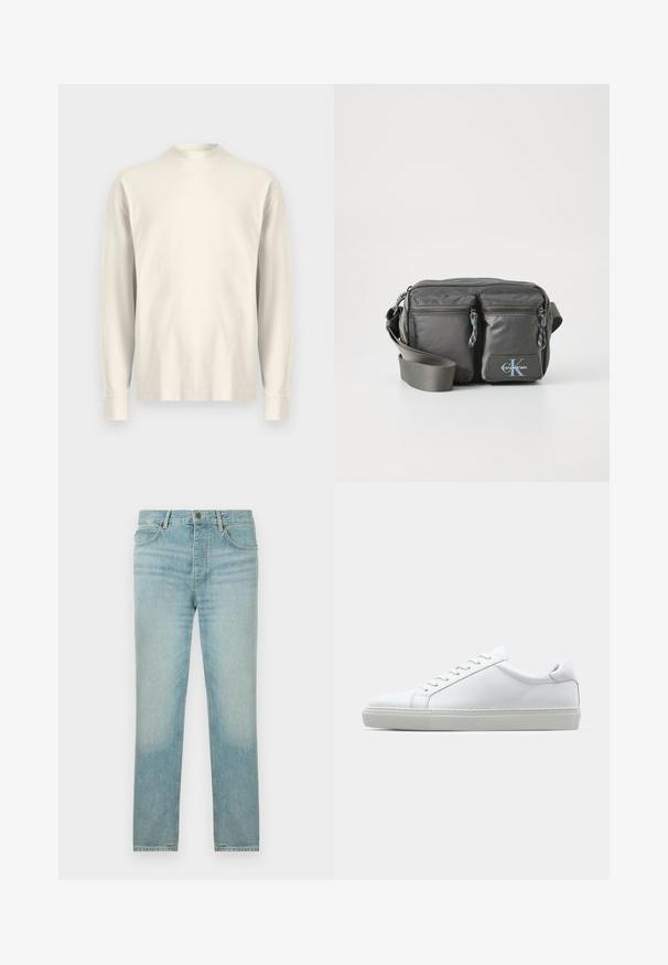 Gaišu krēmu krāsas kokvilnas krekls ar garām piedurknēm un augstu apkakli. Līdzena tekstūra, brīva piegriezuma, minimālistisks dizains, nav redzamu rakstu vai akcentu.; Gai zils džinsu audums ar taisnām kājām, ar izgaismotu veidolu, piecu kabatu dizainu un priekšējo pogu aizdari.; Baltie sporta apavi ar gludu ādas virsu un zemu profilu. Iezīmējas ar noapaļotu purngalu, sešām acīm un teksturētu gumijas zoli.; Pelēka neilona plecu soma ar divām rāvējslēdzēja priekšējām kabatām, regulējamu siksnu un logo akcentu. Gluda tekstūra ar mūsdienīgu dizainu.