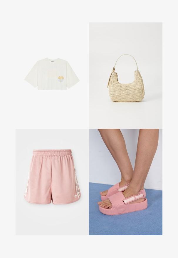 Camiseta blanca corta de algodón con mangas cortas, con un gráfico de palmera amarilla y ola azul en el lado izquierdo del pecho.; Shorts deportivos rosas con cintura elástica, detalle de una franja blanca en los lados y un pequeño logo en la parte inferior izquierda delantera. Textura de tela suave.; Chanclas de goma rosa con una parte superior texturizada, correa ajustable y suela gruesa, que exhiben patrones de olas y un logo de la marca en el lateral.; Bolso de paja tejido en beige con forma curva, una asa corta y un zipper lateral. Presenta una superficie texturizada y un diseño minimalista.